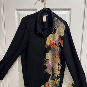 Black Jacket with Colorful Asian Dress Bird Motif
